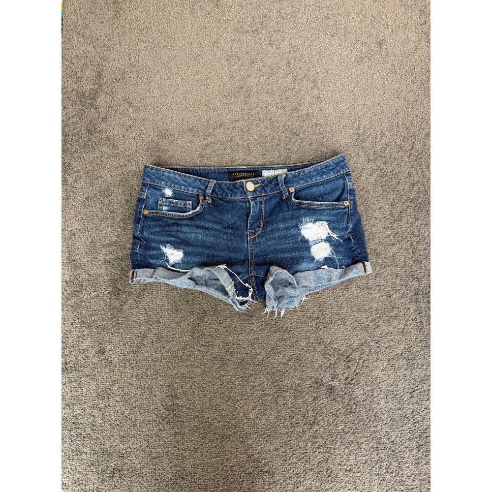 Aeropostale Shorty Distressed Denim Shorts Blue Dark Wash Low Rise Size 8